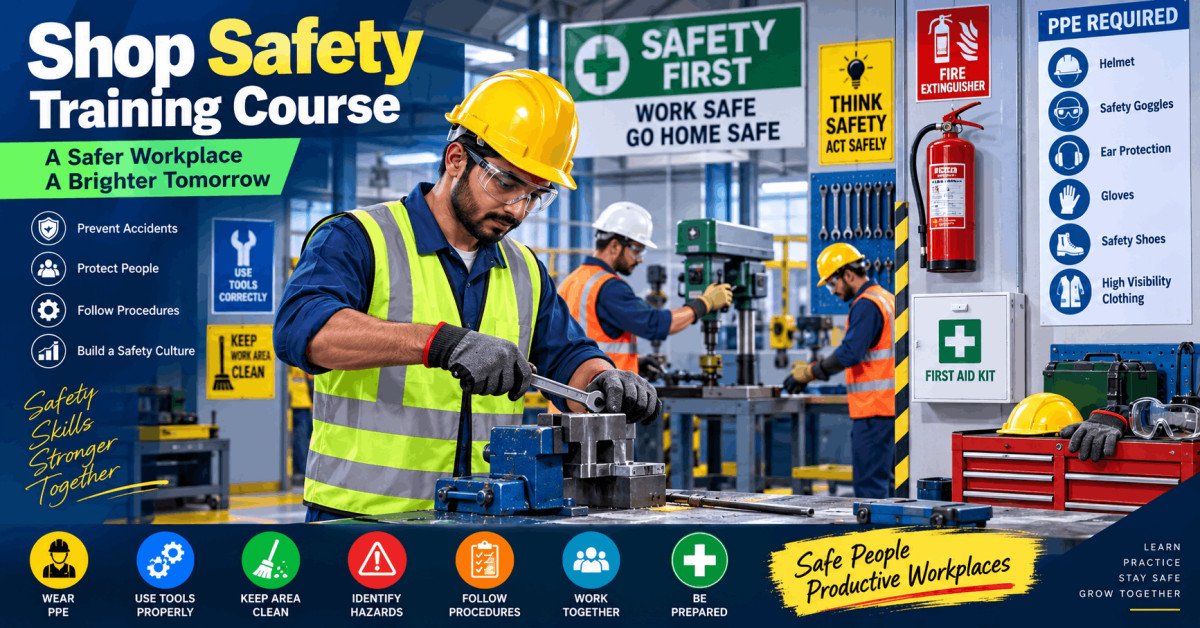 Shop safety training guide illustration with PPE, fire extinguisher, and safety signage.
