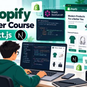 Developer coding a Shopify store with Next.js, showing APIs, UI, and checkout features in the Shopify developer course.