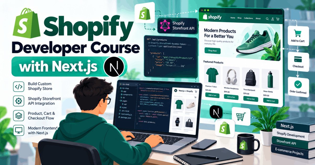 Developer coding a Shopify store with Next.js, showing APIs, UI, and checkout features in the Shopify developer course.