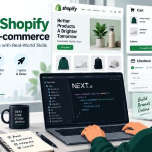 Shopify developer training banner showing a coder building a modern Next.js Shopify store interface