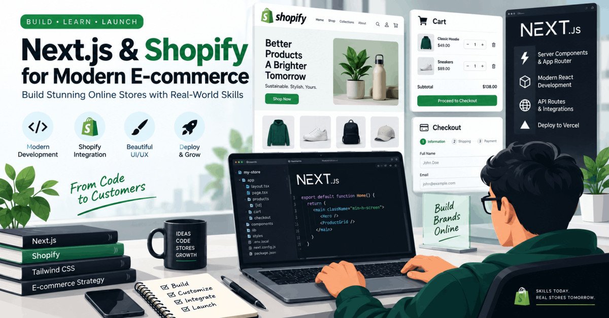 Shopify developer training banner showing a coder building a modern Next.js Shopify store interface