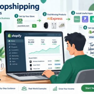 Illustration of Shopify dropshipping store setup with apps, domain, and products being added.