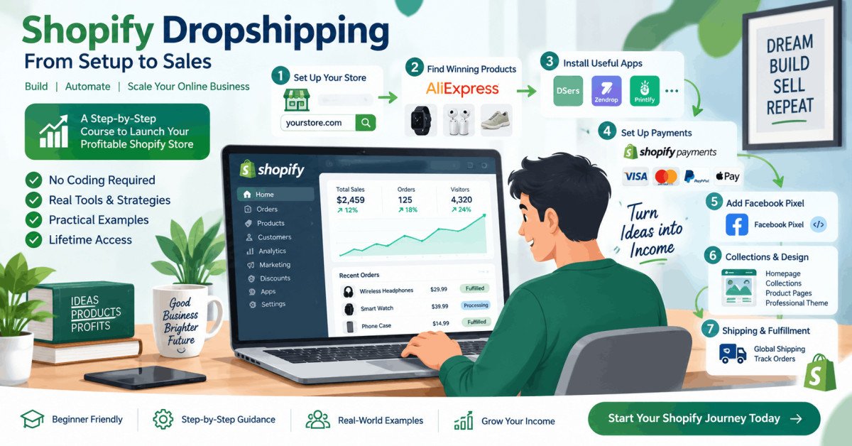 Illustration of Shopify dropshipping store setup with apps, domain, and products being added.