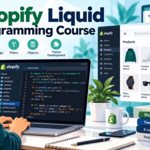 Shopify Liquid programming course illustration showing coding for Shopify theme development