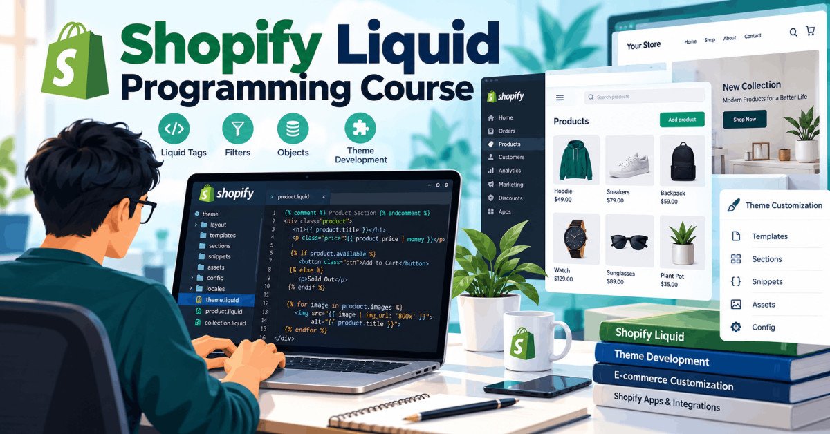 Shopify Liquid programming course illustration showing coding for Shopify theme development