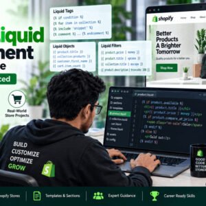 Shopify Liquid Programming course cover showing developer coding a Shopify store theme