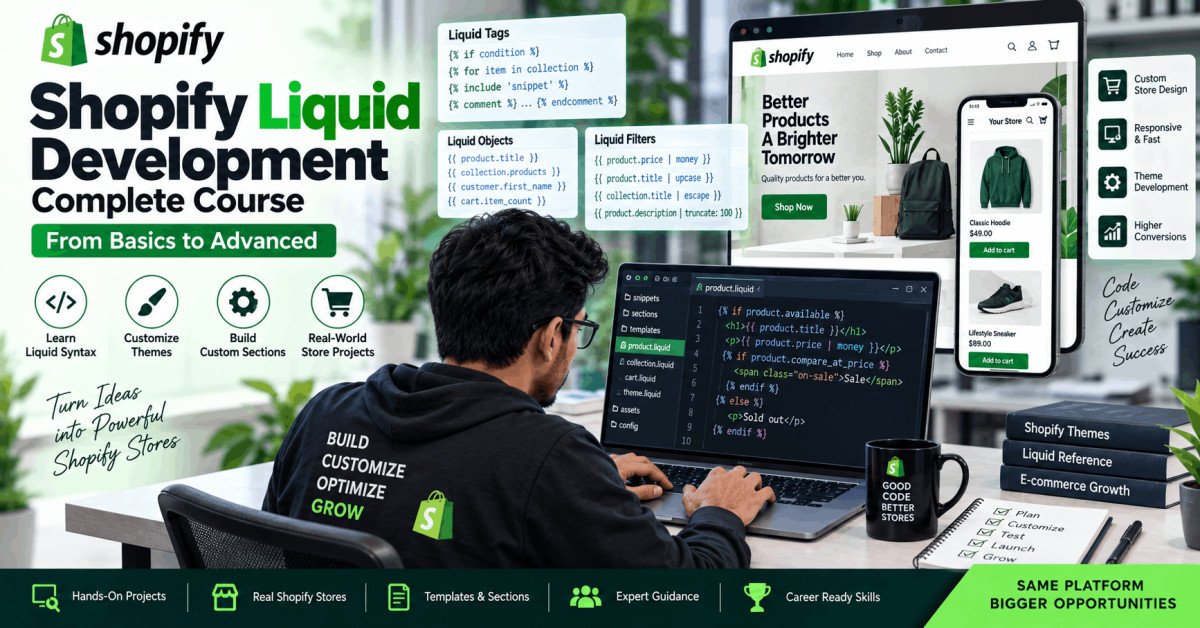 Shopify Liquid Programming course cover showing developer coding a Shopify store theme