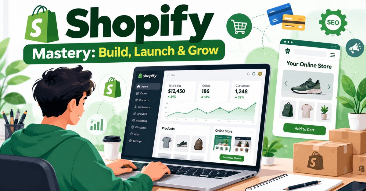 Shopify Mastery course image showing online store setup and growth strategies