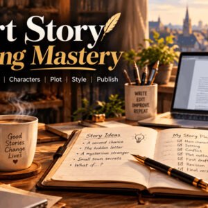 Short story writing mastery course cover with creative writing tools