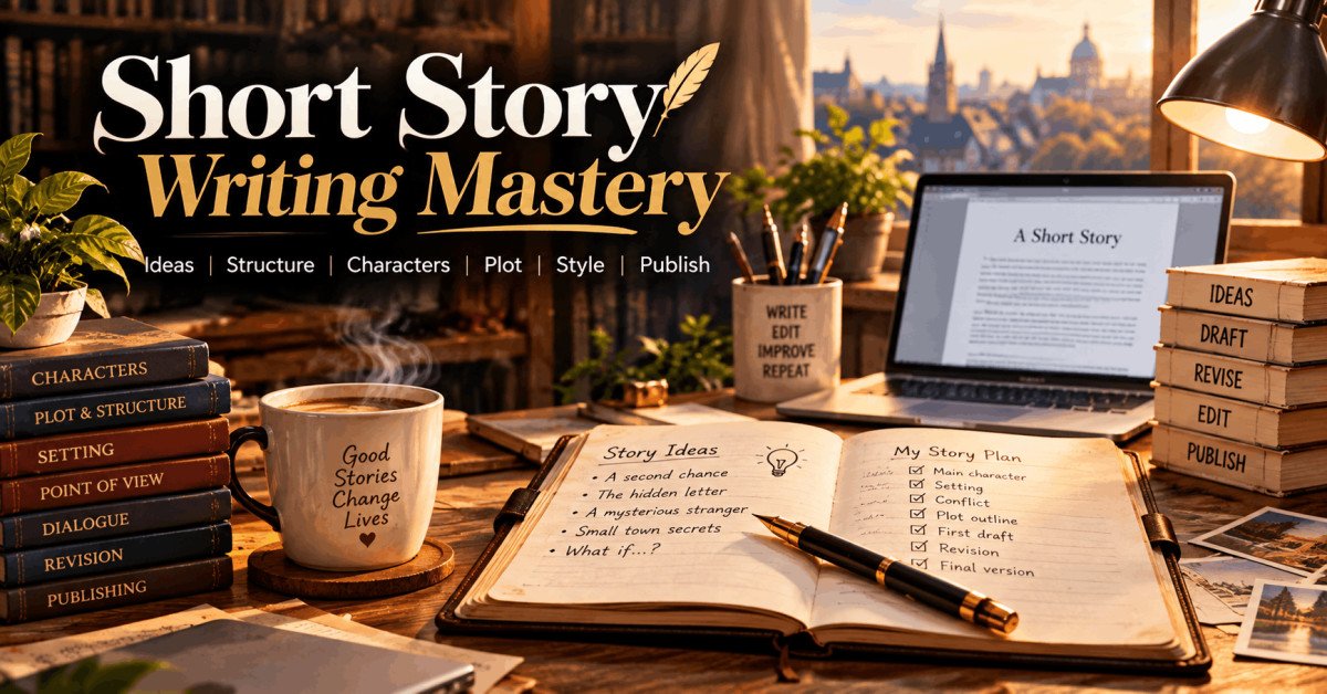 Short story writing mastery course cover with creative writing tools