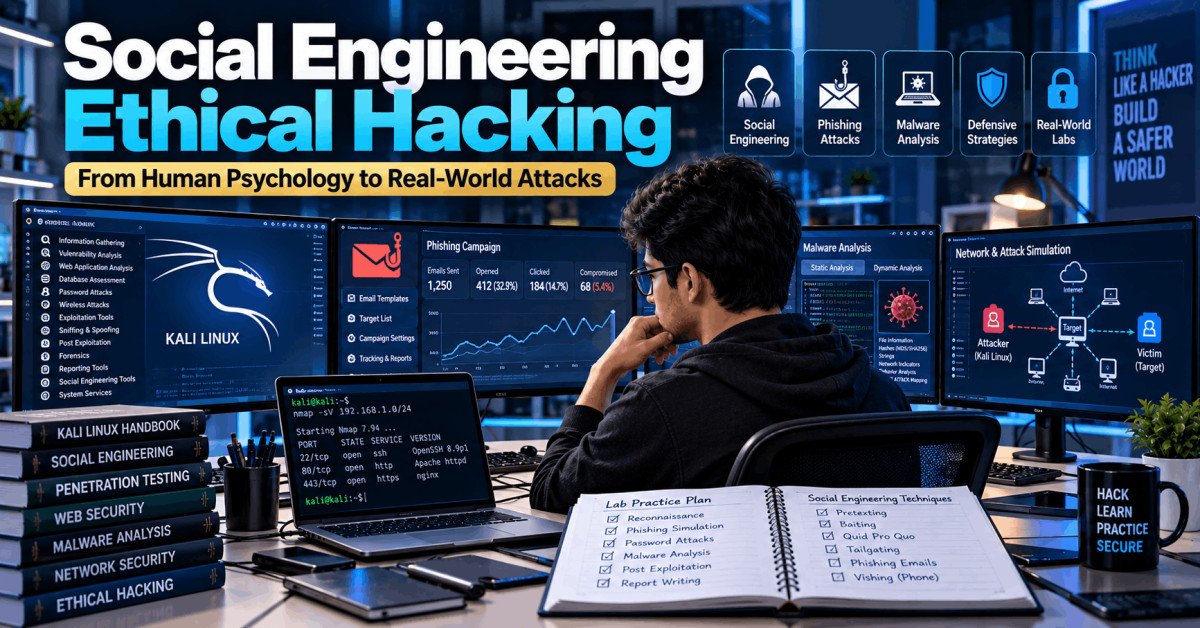 Student learning social engineering ethical hacking with real-world attacks on multiple systems.