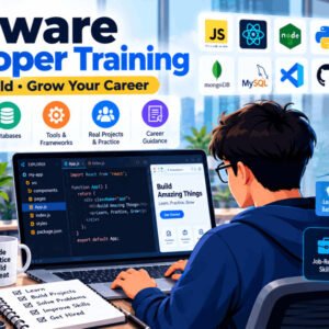 Illustration of a student learning software developer training with laptop, coding screen, and career planning visuals.