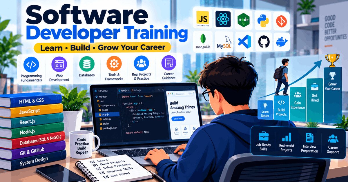 Illustration of a student learning software developer training with laptop, coding screen, and career planning visuals.