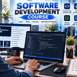 A professional learning environment showing a software development course with coding and career guidance