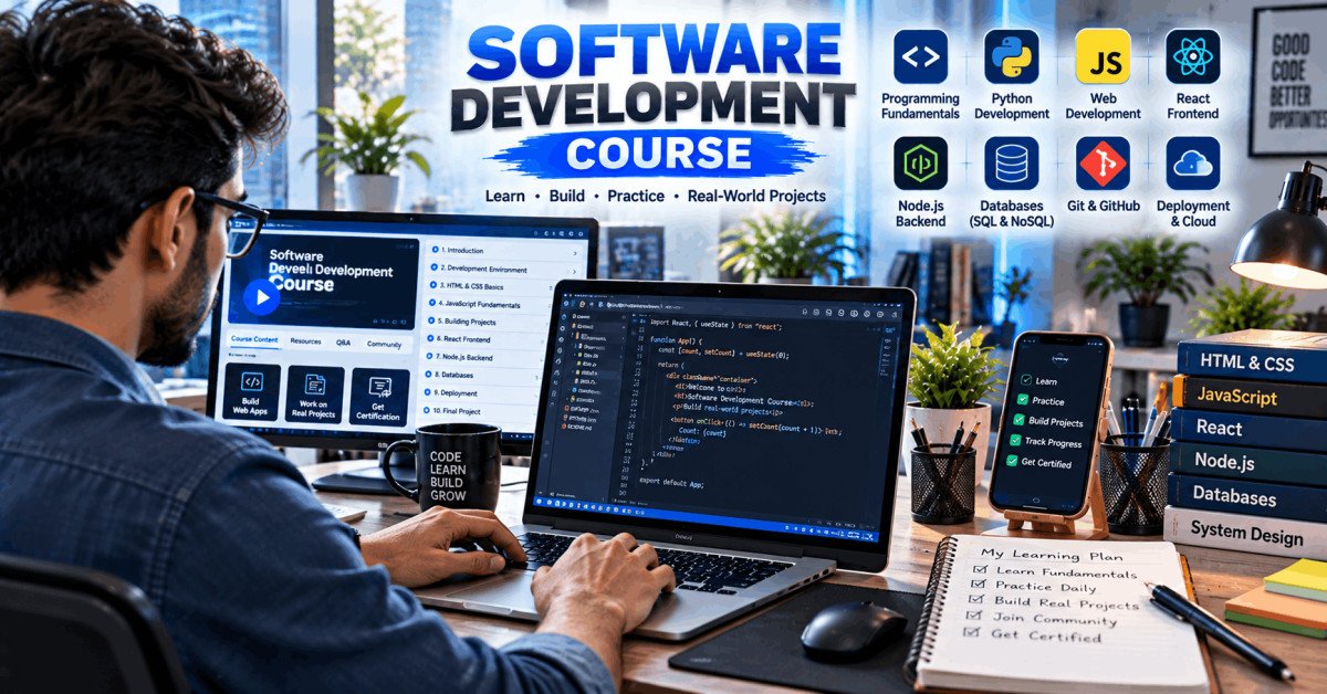 A professional learning environment showing a software development course with coding and career guidance