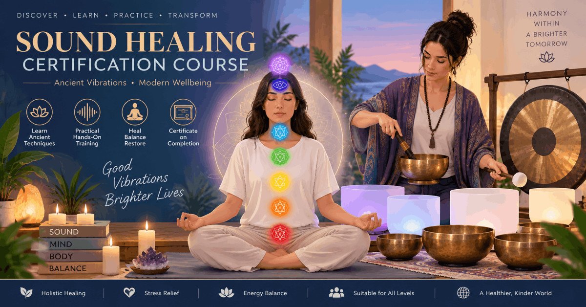 Sound therapy certification with instruments for healing, meditation, and chakra balancing techniques.