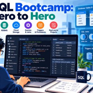 SQL Bootcamp showing database queries, joins, triggers, and data analytics dashboard on laptop.