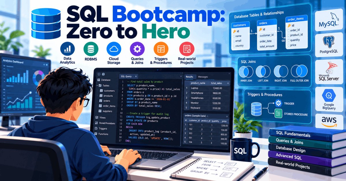 SQL Bootcamp showing database queries, joins, triggers, and data analytics dashboard on laptop.
