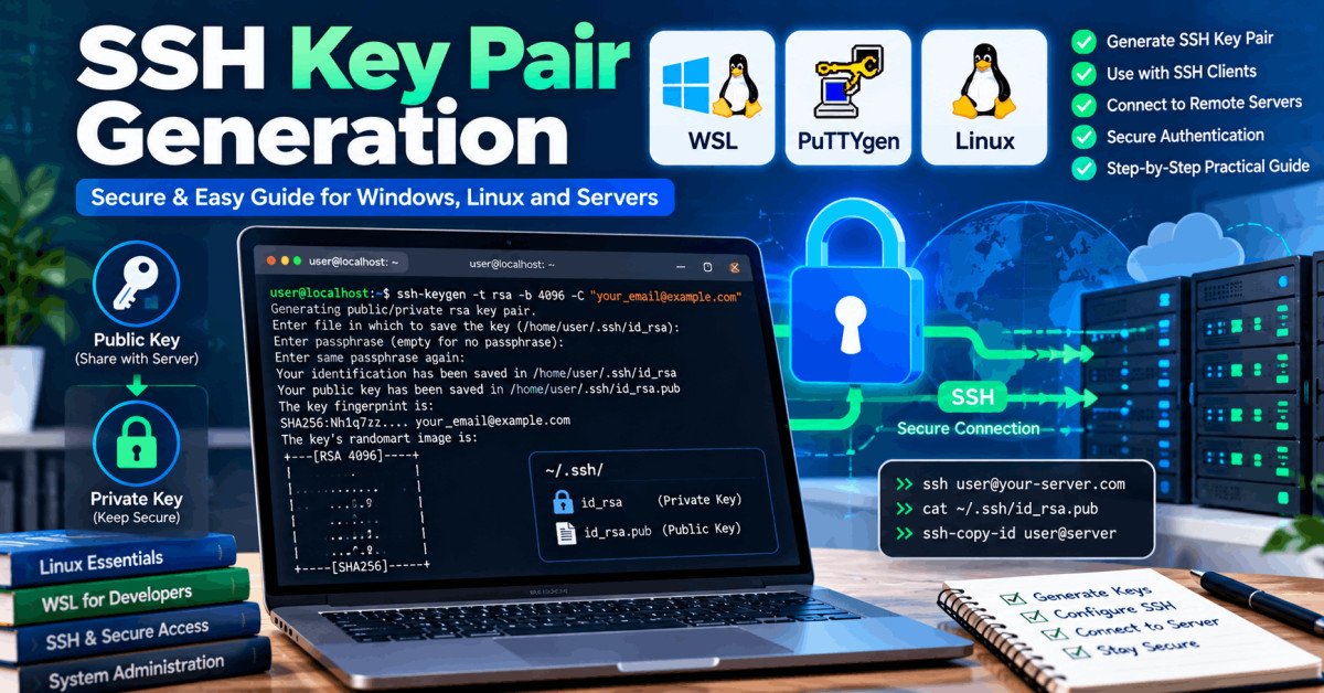 Illustration of SSH key pair generation process and secure server access, highlighting SSH basics and authentication.