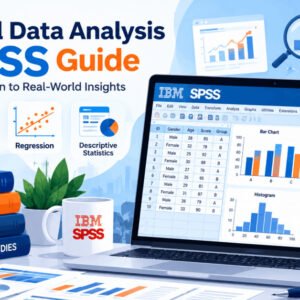 Illustration showing statistical data analysis with SPSS software, charts, and graphs for t-tests, ANOVA, and regression.
