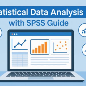 Illustration showing statistical data analysis with SPSS software, charts, and graphs for t-tests, ANOVA, and regression.