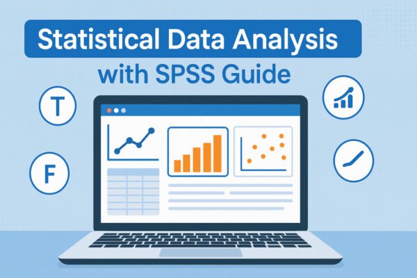 Illustration showing statistical data analysis with SPSS software, charts, and graphs for t-tests, ANOVA, and regression.