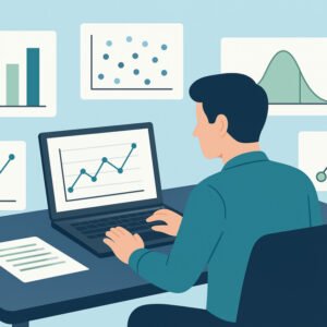 Flat illustration showing statistics and probability concepts for data science learners with charts, graphs, and datasets.