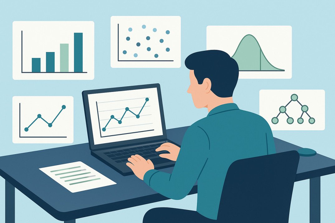 Flat illustration showing statistics and probability concepts for data science learners with charts, graphs, and datasets.