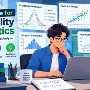 Flat illustration showing statistics and probability concepts for data science learners with charts, graphs, and datasets.