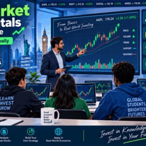 Illustration of stock market fundamentals with charts, candlesticks, and global students learning trading basics and strategies.