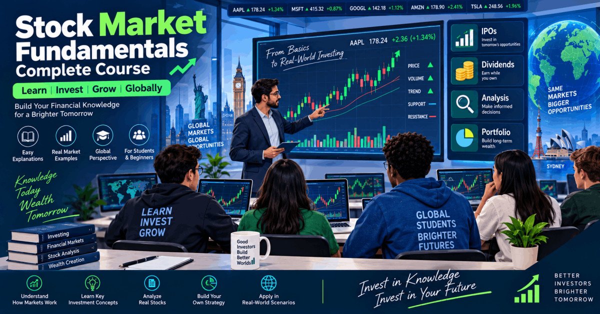 Illustration of stock market fundamentals with charts, candlesticks, and global students learning trading basics and strategies.