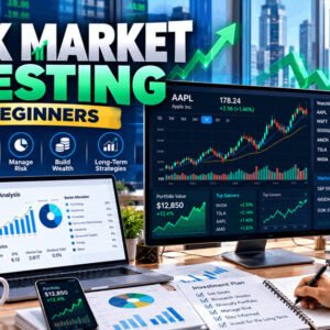 Illustration of stock market investing for beginners, including charts, shares, and wealth-building concepts.