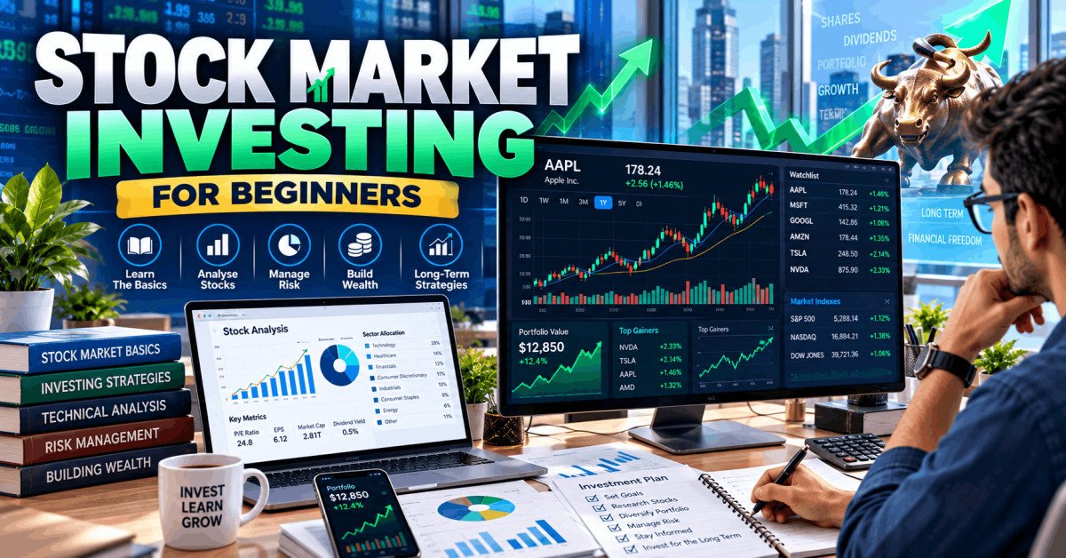 Illustration of stock market investing for beginners, including charts, shares, and wealth-building concepts.