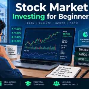 Illustration of stock market investing with charts, shares, and graphs for beginners.