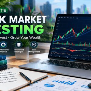 Laptop showing stock market investing charts and graphs with financial tools in a professional workspace.