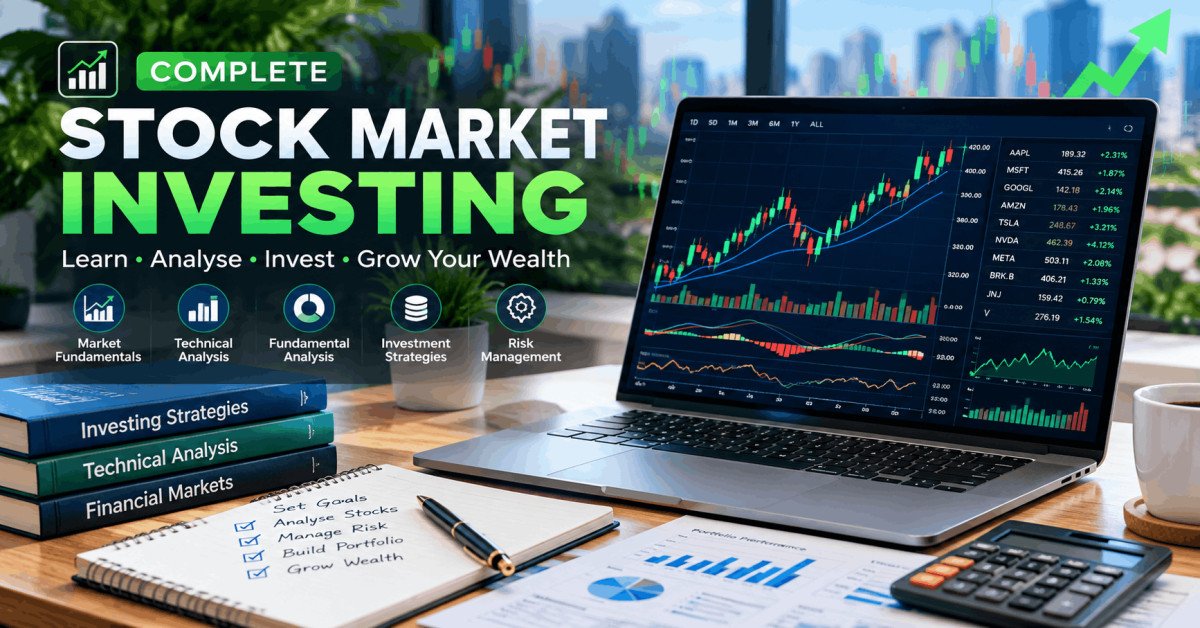 Laptop showing stock market investing charts and graphs with financial tools in a professional workspace.