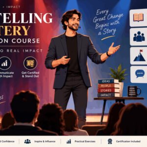 storytelling mastery certification illustration with speaker engaging audience