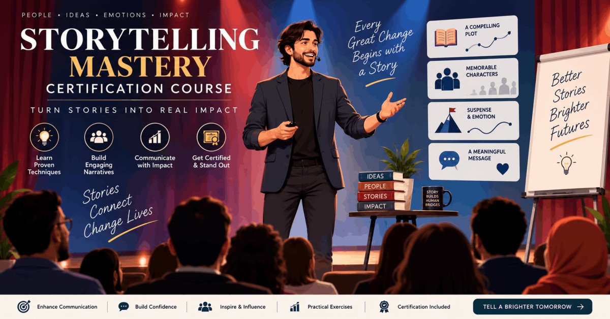 storytelling mastery certification illustration with speaker engaging audience