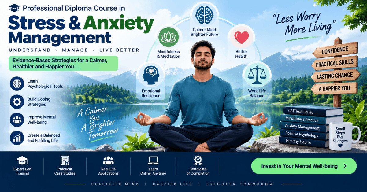 Psychology diploma on stress anxiety management with techniques and calm lifestyle visuals.