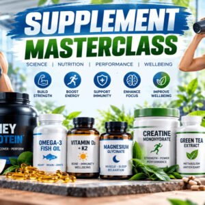 Supplement masterclass covering fitness, health, and mental focus with protein, vitamins, and essential nutrients.