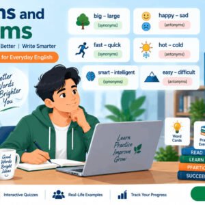 Illustration of English learning with synonyms and antonyms vocabulary practice for students