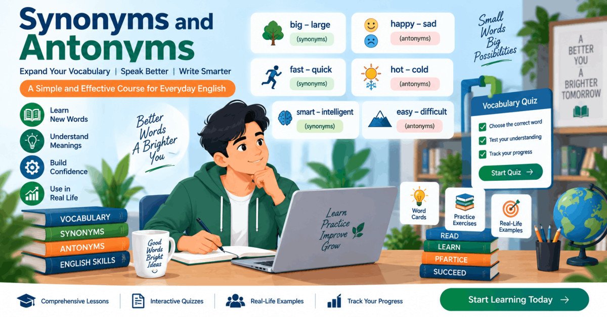 Illustration of English learning with synonyms and antonyms vocabulary practice for students