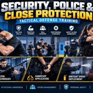 Security and police personnel practicing tactical defense training with batons and handcuffs