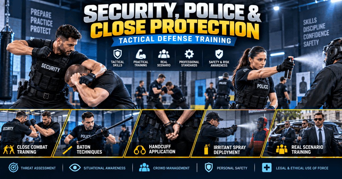 Security and police personnel practicing tactical defense training with batons and handcuffs