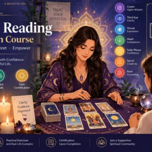 Illustration of tarot card reading with spreads, aura, chakras, and spiritual guidance.