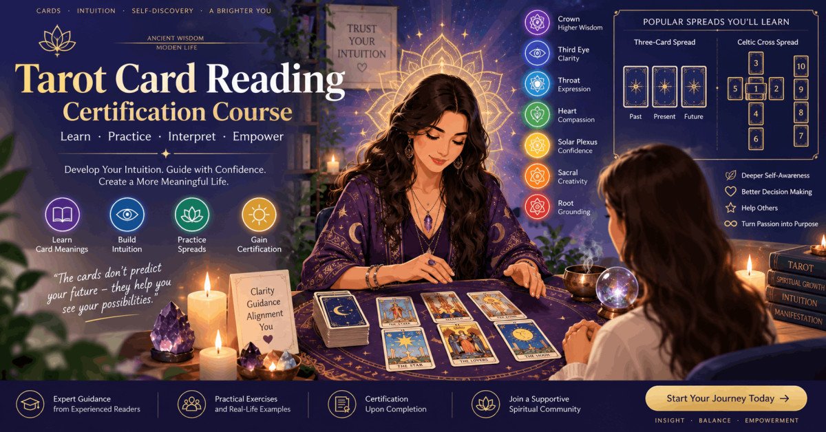 Illustration of tarot card reading with spreads, aura, chakras, and spiritual guidance.