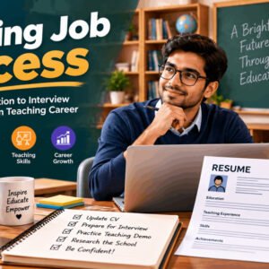 Teacher preparing resume and practicing interview skills for teaching job success.