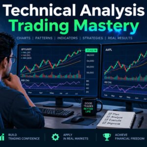 Illustration of technical analysis trading with charts, crypto coins, and indicators.