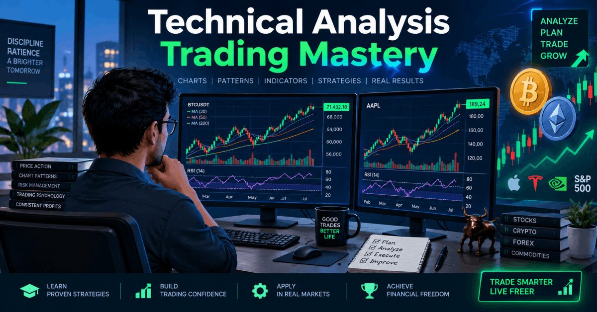 Illustration of technical analysis trading with charts, crypto coins, and indicators.