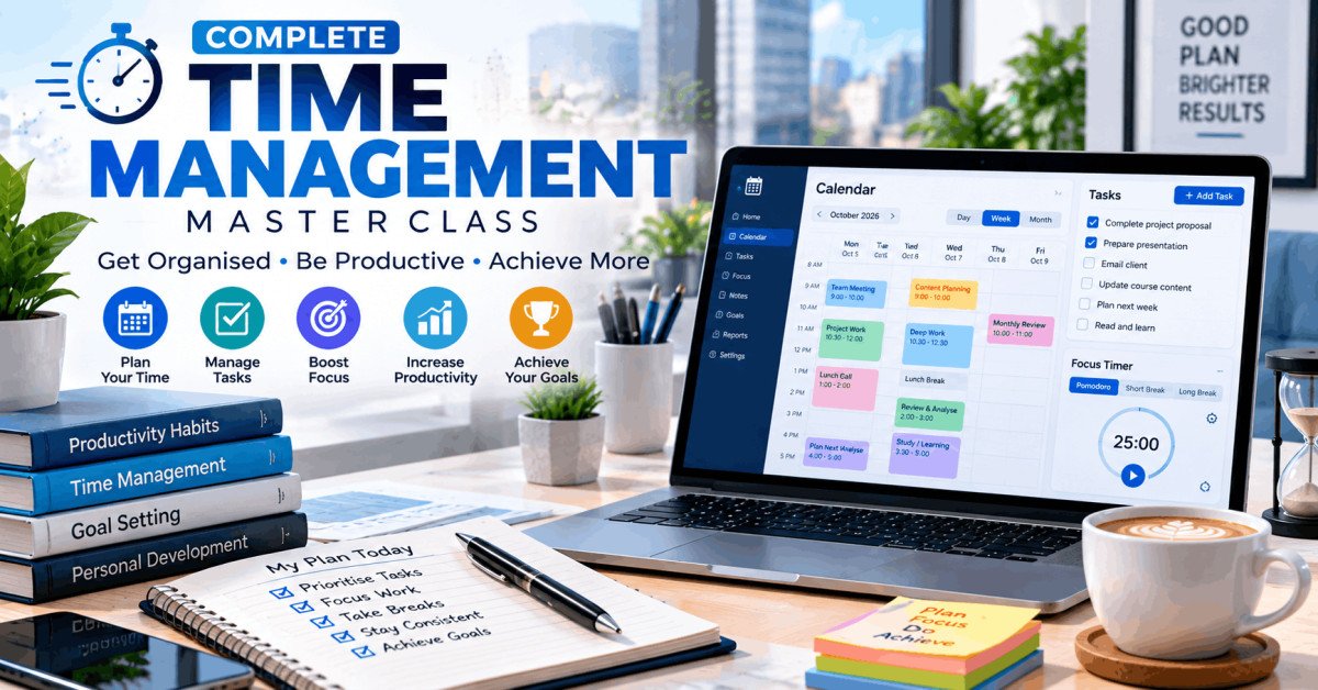 Modern professional workspace showing time management techniques for productivity and efficiency